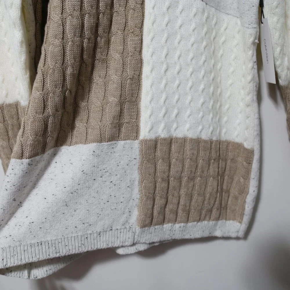 CALVIN KLEIN Acrylic Blend White Mixed Stitch Colorblocked Cowlneck Sweater - Picture 9 of 12